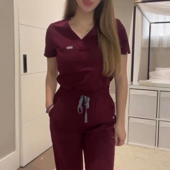 Figs Burgundy Scrub Top and Joggers - Picture 2 of 3